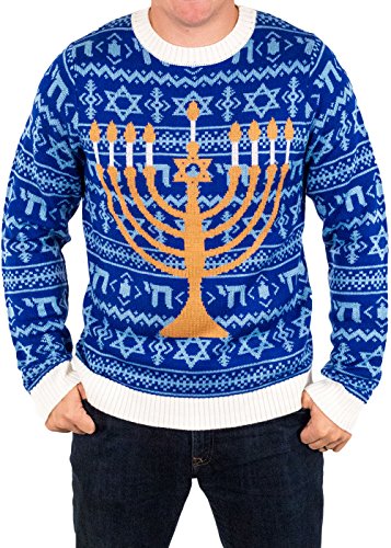 Festified Men's Chanukah is Funakah Ugly Hanukkah Sweater in Blue (Large)