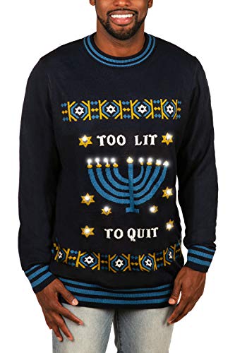 Tipsy Elves Men's Navy Blue Too Lit to Quit Hanukkah Sweater Size Small