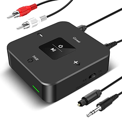 Giveet Bluetooth Transmitter Receiver, 2-in-1 Bluetooth V5.0 Adapter for TV to Headphones w/Volume Control, Optical RCA AUX for PC/Car/MP3/Home Theater, Pairs 2 Devices Simultaneously, 25Hrs Playtime