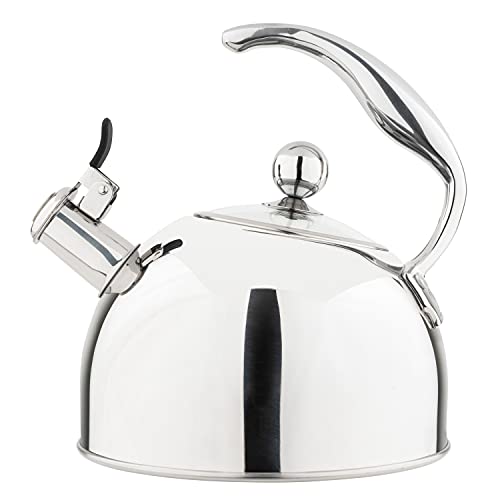 Viking Culinary 3-Ply Stainless Steel Whistling Tea Kettle, 2.6 Quart | Includes Glass Lid | Handwash Recommended | Works on All Cooktops including Induction | Mirror Finish
