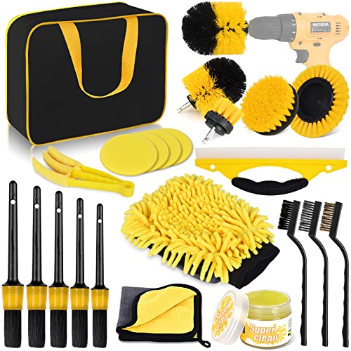 Herrfilk 22 Pcs Car Cleaning Tools Kit, Car Detailing Kit, Car Detailing Brush Set with Carry Bag, Auto Drill Brush Set Pro Car Wash Kit for Car Interior & Exterior, Wheel, Dashboard, Leather, Emblems