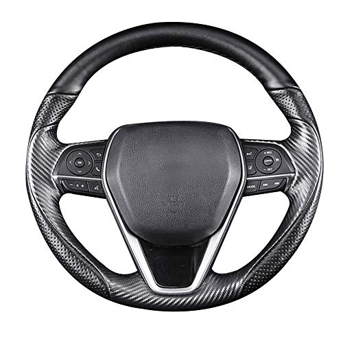 Matte Black Carbon Fiber & Nappa Leather Interior Accessories Steering Wheel Cover Hand-Stitch on Wrap Fit for Toyota RAV4 SUV 2019-2021 / Avalon 2019-2021 / Camry 2018-2021 / Corolla 2020-2021