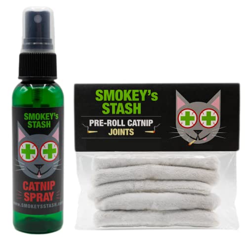 Smokey's Stash Catnip Spray 2 Ounce Bottle with Cat nip Filled Pre Roll Joints for Cats - 5 Joints per Pack