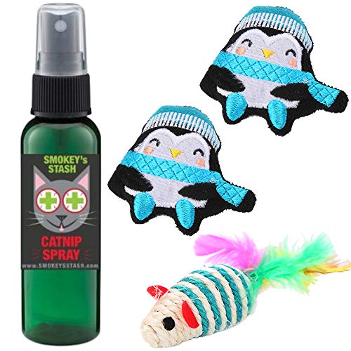 Smokey's Stash Catnip Spray for Cats with Dried Catnip Filled Penguins and sisal Rope Mouse Bundle