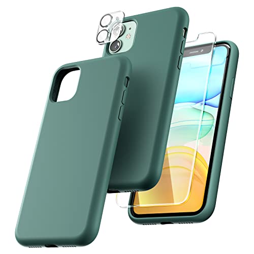 TOCOL 5 in 1 for iPhone 11 Case, with 2 Pack Screen Protector + 2 Pack Camera Lens Protector, Liquid Silicone Shockproof Slim [Anti-Scratch] [Drop Protection] for iPhone 11 Phone Case, Midnight Green