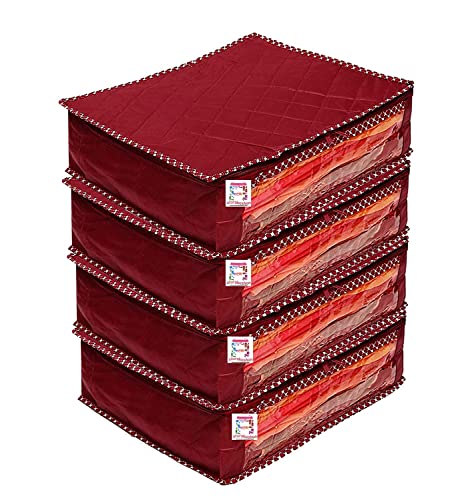 atorakushon Fabric Foldable Saree Covers Garments Clothes Storage Bag Wardrobe Organizers With Double Zip Lock For Lehenga Suit Dress Accessories 4 Pieces Maroon