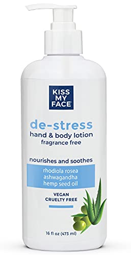 Kiss My Face De-Stress Hand & Body Lotion Fragrance Free - Hypoallergenic, Cruelty-Free, Vegan Lotion for Dry Skin - 16 oz Bottle with Pump (Fragrance Free, Pack of 1)