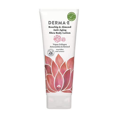 DERMA-E Rosehip and Almond Anti-Aging Shea Body Lotion  Vegan Collagen, Retinol and Vitamin E Moisturizer for Dry Skin  Gently Scented Cruelty Free Moisturizing Cream, 8 oz