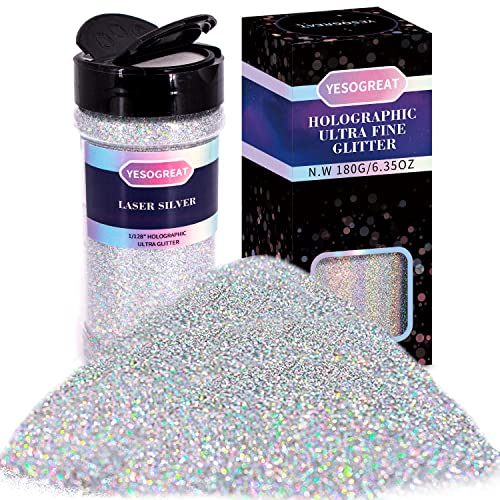 Holographic Ultra Fine Glitter, 180G/6.35OZ Resin Laser Glitter Powder, 1/128 0.2mm Metallic Iridescent Glitter for Slime Resin Arts Tumbler Jewelry Nail Art Makeup Painting Cards (Laser Silver)