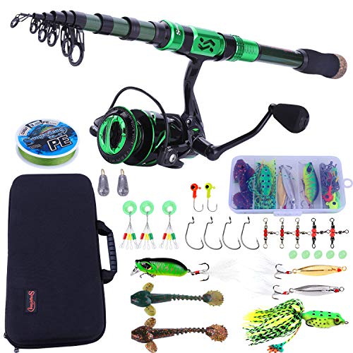 Sougayilang Fishing Rod and Reel Combos - Carbon Fiber Telescopic Fishing Pole - Spinning Reel 12 +1 BB with Carrying Case for Saltwater and Freshwater Fishing Gear Kit(Green 5.91ft-2000)