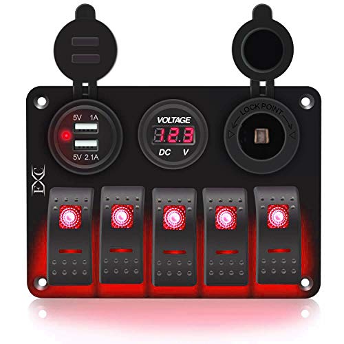 FXC 5 Gang Rocker Switch Aluminum Panel with Dual USB Slot Socket 5V 3.1A + Volt Meter + Cigarette Lighter for Marine Boat Car Rv Vehicles Truck 12-24V Waterproof (5Gang Red)