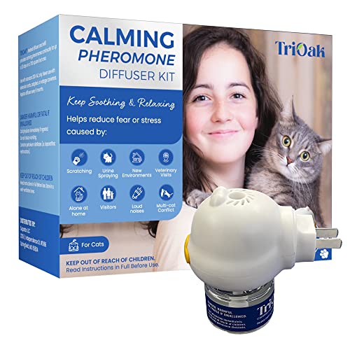 TriOak Cat Calming Pheromone Diffuser, 2 in 1 Cat Calming Starter Kit (Diffuser Head + 48ml Vial) for 30 Days Use, Enhanced Cat Calming Diffuser Kit for Cat Anxiety Relief
