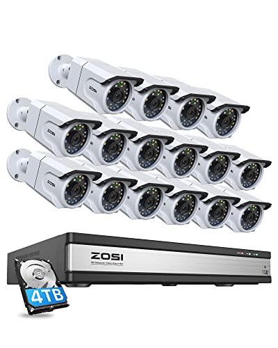 ZOSI 16 Channel 4K PoE Security Camera System 4TB,16pcs H.265 4K 8MP Outdoor Audio PoE IP Security Cameras,Color Night Vision,Human Detection,Smart Light Alarm,8MP/4K 16CH NVR for 24-7 Recording