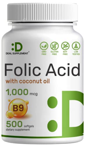 DEAL SUPPLEMENT Folic Acid 1000 mcg (1 mg), 500 Coconut Oil Softgels | Bioavailable Prenatal Vitamins (Vitamin B9)  1,667 mcg DFE  Easy to Swallow, Non-GMO, & No Gluten