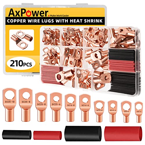 210Pcs Copper Wire Lugs AWG 2 4 6 8 10 12 with Heat Shrink Set, 100Pcs Battery Cable Closed End Tubular Ring Terminals Connectors with 110Pcs Heat Shrink Tubing Kit