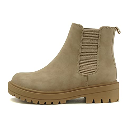 Soda Pilot ~ Women Lug Sole Low Heel Chelsea Fashion Ankle Bootie w/Double Elastic Gore (BEIGE, numeric_8_point_5)