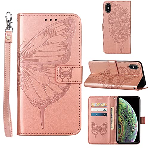 Moment Dextrad for iPhone X Case Wallet/iPhone Xs Wallet Case,[Kickstand][Wrist Strap][Card Holder Slots] Butterfly Floral Embossed PU Leather Flip Cover for iPhone X/XS (Rose Gold)