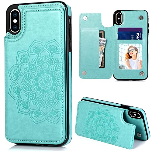 KRHGEIK Designed for iPhone X/iPhone Xs Case with Card Holder,PU Leather Mandala Emboss Flip Cover with Kickstand Credit Card Slots Magnetic Clasp Slim Wallet Case for iPhone 10/10S 5.8" (Mint)