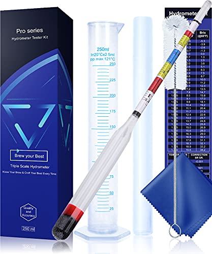 Hydrometer Test Kit, Triple Scale Alcohol Tester Hydrometer for Wine, Beer, Kombucha & Mead, Wine Making Kit, (ABV Tester, Brix, Specific Gravity Hydrometer) + Hydrometer Test Jar for Home Brewing Kit