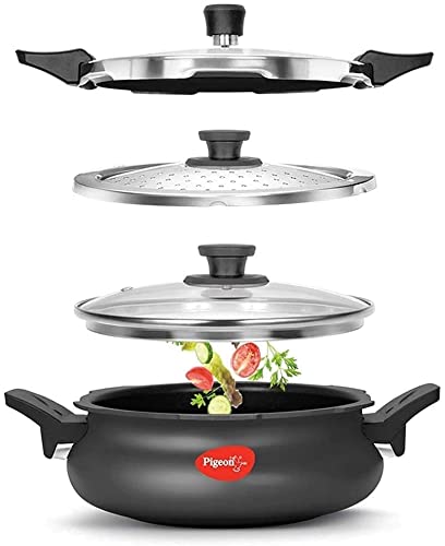 Pigeon 3.2 Quart All-In-One Super Cooker - Steamer, Cooking Pot, Pressure Cooker, Dutch Oven - For All Cooktops - Quick Cooking of Meat, Soup, Rice, Beans, Idli & more, Hard Anodized, (3 Liters)