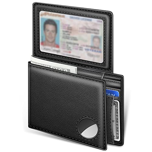 Dallson Mens Wallet for Airtag, Bifold Genuine Leather Wallet with Air Tag Holder, 2 ID Window, 10 Card Slot, RFID Blocking, Smart Wallet Compatible with Apple AirTag (Black)