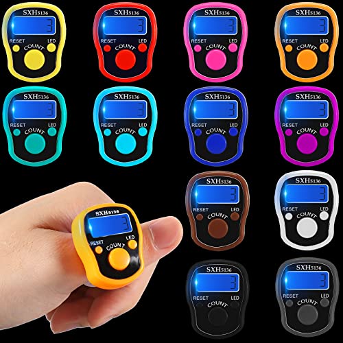 12 Pack LED Finger Tally Counter Clicker LCD Digital Electronic Tasbeeh Counter Finger Hand Counter with Ring Handheld Resettable Digits Display for Muslims Tracker Golf Lap Knitting Counting