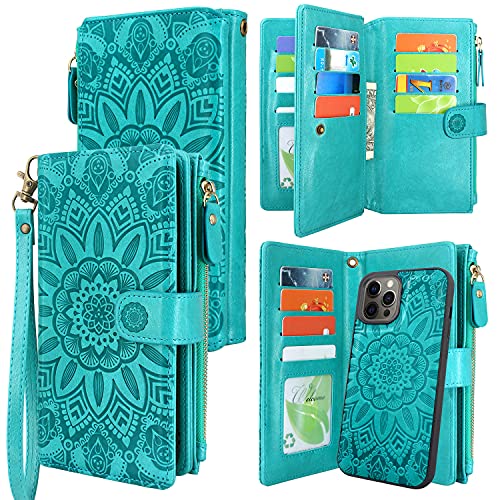 Harryshell Compatible with iPhone 12 Pro Max Case Wallet Detachable Magnetic Zipper Leather Cash Pocket 12 Card Slots Holder Wrist Strap Designed for iPhone 12 Pro Max 6.7 inch (Floral Blue Green)