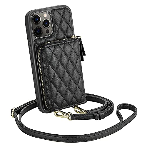 LAMEEKU Wallet Case Compatible with iPhone 12 Pro Max, Card Holder Case with Crossbody Strap Leather Handbag Case for Women Protective Case Compatible with iPhone 12 Pro Max 6.7''-Black