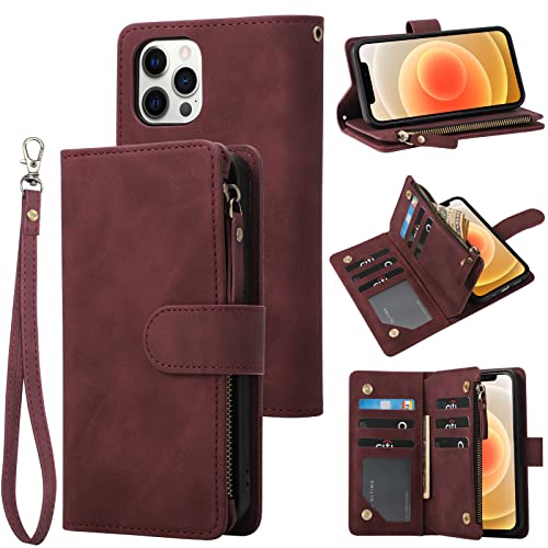 RANYOK Wallet Case Compatible with iPhone 12 Pro Max (6.7 inch), Premium PU Leather Zipper Flip RFID Blocking Wallet with Wrist Strap Magnetic Closure Built-in Kickstand Protective Case - Wine Red