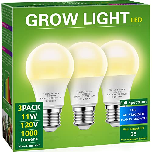 Briignite Grow Light Bulbs, LED Grow Light Bulb A19 Bulb, Full Spectrum Grow Light Bulb, Plant Light Bulbs E26 Base, 11W Grow Bulb 100W Equivalent, Grow Light for Indoor Plants, Seed Starting, 3Pack