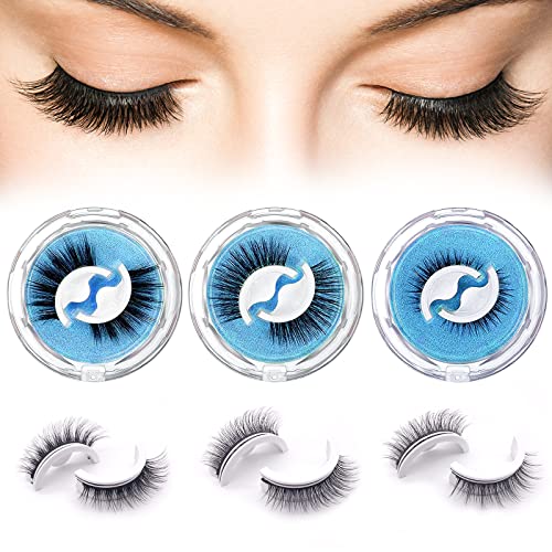 Self Adhesive Eyelashes 3 Pairs, Reusable Long Extension False Eyelashes without Glue and Magnetic, Waterproof Lashes Three Different Types Natural Look for Makeup