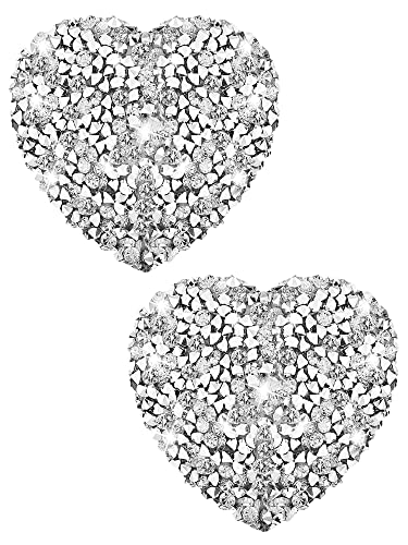 Hercicy Rhinestone Pasties Breast Covers Adhesive Pasties Glitter Breast Covers Reusable Stickers Bra Covers for Women(Silver,Heart Style)