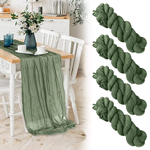 4 Pieces Sage Green Cheesecloth Table Runner, 35 x 157 inch Boho Gauze Table Runner Rustic Wedding Cheese Cloth Decor for Bridal Baby Shower Arch Buffet Dessert Table Christmas Home Decoration