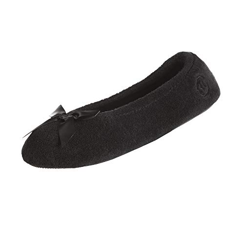 isotoner womens Terry Ballerina with Bow for Indoor/Outdoor Comfort Slipper, Black, 6.5-7.5 US