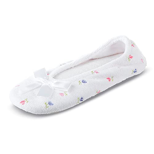 isotoner womens Embroidered Terry Ballerina Slippers Flat Sandals, White Soft Tie Bow, 8 US