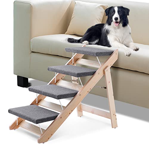 Kerrogee 2-in-1 Dog Pet Stairs, Foldable Wooden Pet Ramp with 4 Levels, Extra Fixed Design, Pet Steps for Small to Large Dogs, Pet Ladder for Car, High Bed and Couch, Easy Storage