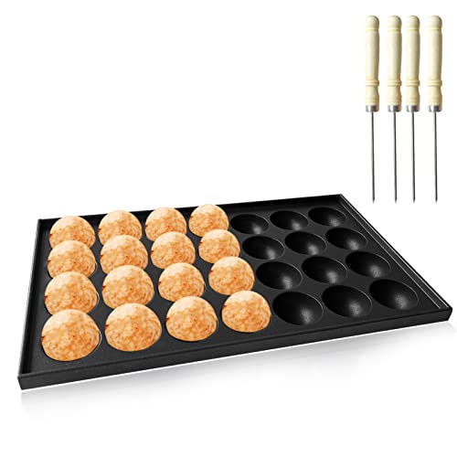 Takoyaki Maker Baking Pan,Japanese Octopus Meatball Grill Pan,1.57" DIAMETER Half Sphere Takoyaki Octopus Ball Maker with 28 Compartment Holes for Baking Cooking with Tools