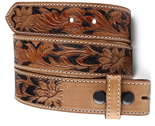 F&L CLASSIC Belt for buckle Western full grain Leather Engraved Tooled Strap w/Snaps for Interchangeable Buckles, USA,2022-04, size 38
