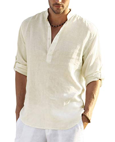 COOFANDY Men's Cotton Linen Henley Shirt Long Sleeve Hippie Casual Beach T Shirts Beige