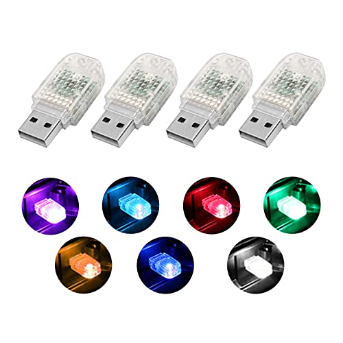 Yonput Pack-4 USB LED Car Interior Atmosphere Lamp, Plug-in 12V Universal USB Light, 7 Colors LED Interior Car Adjustable Brightness, USB Rechargeable Lighting Light (MultiColour)