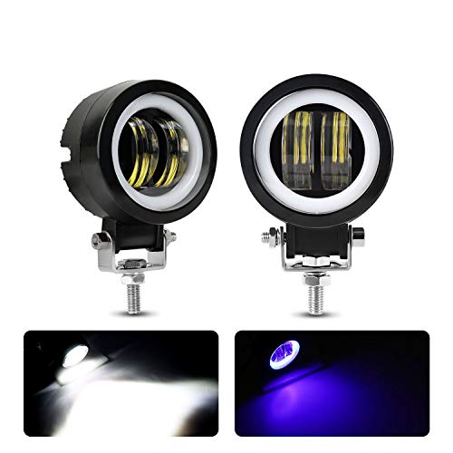 EBESTauto Compatible for Motorcycle Headlight LED Fog Light 3 inch Round Blue Angel Eye DRL White Light 10-80V DC 8000LM Waterproof Off-road Vehicle Marine Work Light (2 PCS)