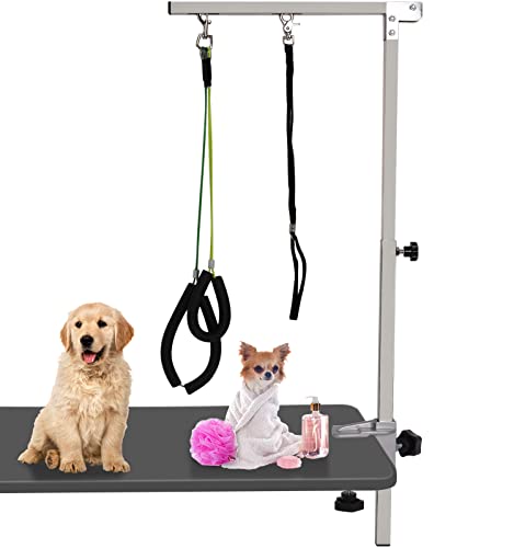 Foldable Pet Grooming Arm with Clamp, 39.4" Height Adjustable Dog/Cat Grooming Loop Noose & Two No Sit Haunch Holder for Medium & Small Pets, Portable Pet Grooming Tool (Silver), Not Include Table