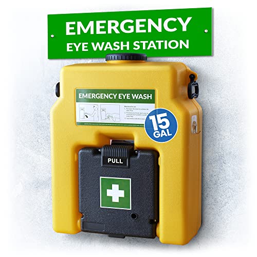 MAASTERS 15gal Portable Eye Wash Station, Wall Mount Eyewash Station OSHA-Approved, Emergency Eye Wash Station with Mirror & Dual Spray, First Aid Eye Wash Units, Ansi Certified Eye Washing Station