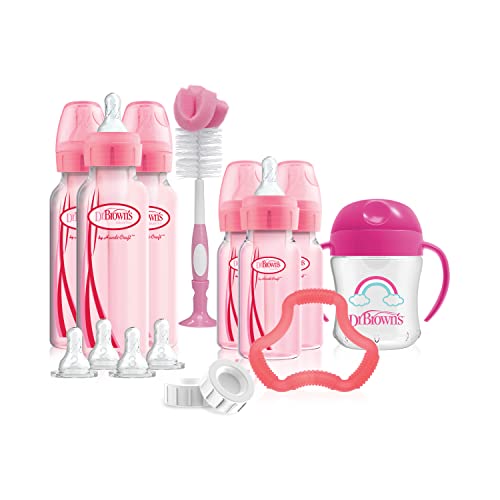 Dr. Browns Natural Flow Anti-Colic Options+ Special Edition Pink Baby Bottle Gift Set with Soft Sippy Spout Transition Cup, Flexees Teether, Bottle Cleaning Brush and Travel Caps