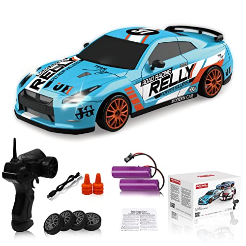 Remote Control Car RC Drift Car 2.4GHz 1:24 Scale 4WD 15KM/H High Speed Model Vehicle LED Lights Drifting Tire Racing Sport Toy Car for Adult Boy Girl Kid Gift 2Pcs Rechargeable Batterie