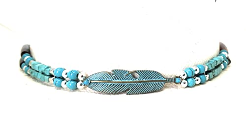 Handmade Western Cowboy Hat Band with Turquoise and Silver Beads and Metal Feather