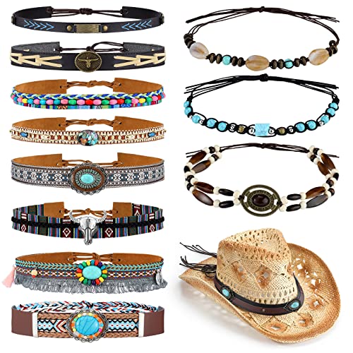 12 Pcs Cowboy Hat Band Replacement Handmade Ethnic Western Hat Belts with Turquoise for Panama Rancher Hats Fedora Hats Handmade, 12 Styles