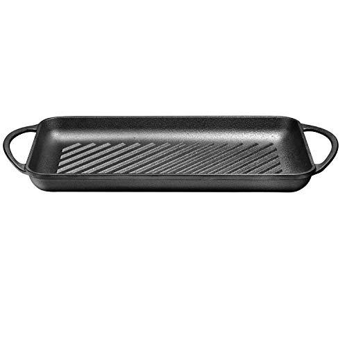 Bruntmor Rectangular Cast-Iron Grill Pan - Non-Stick Pan for Stovetop with Raised Lines for Perfect Seared Lines on Steak, Fish and BBQ - Chip Resistant - Loop Handles, Black