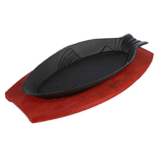 Angoily Small Cast Iron Skillet with Wooden Base, Creative Fish-Shaped Japanese Steak Plate Set for Restaurant Kitchen Cooking Pan Grilling Meats (12.18 X 5.5 X 0.98 inch)