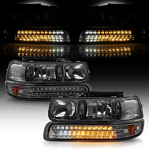 ACANII - For 1999-2002 Chevy Silverado 00-06 Suburban Smoked Headlights w/LED Bumper Signal Lamps 4Pcs Pair Left+Right